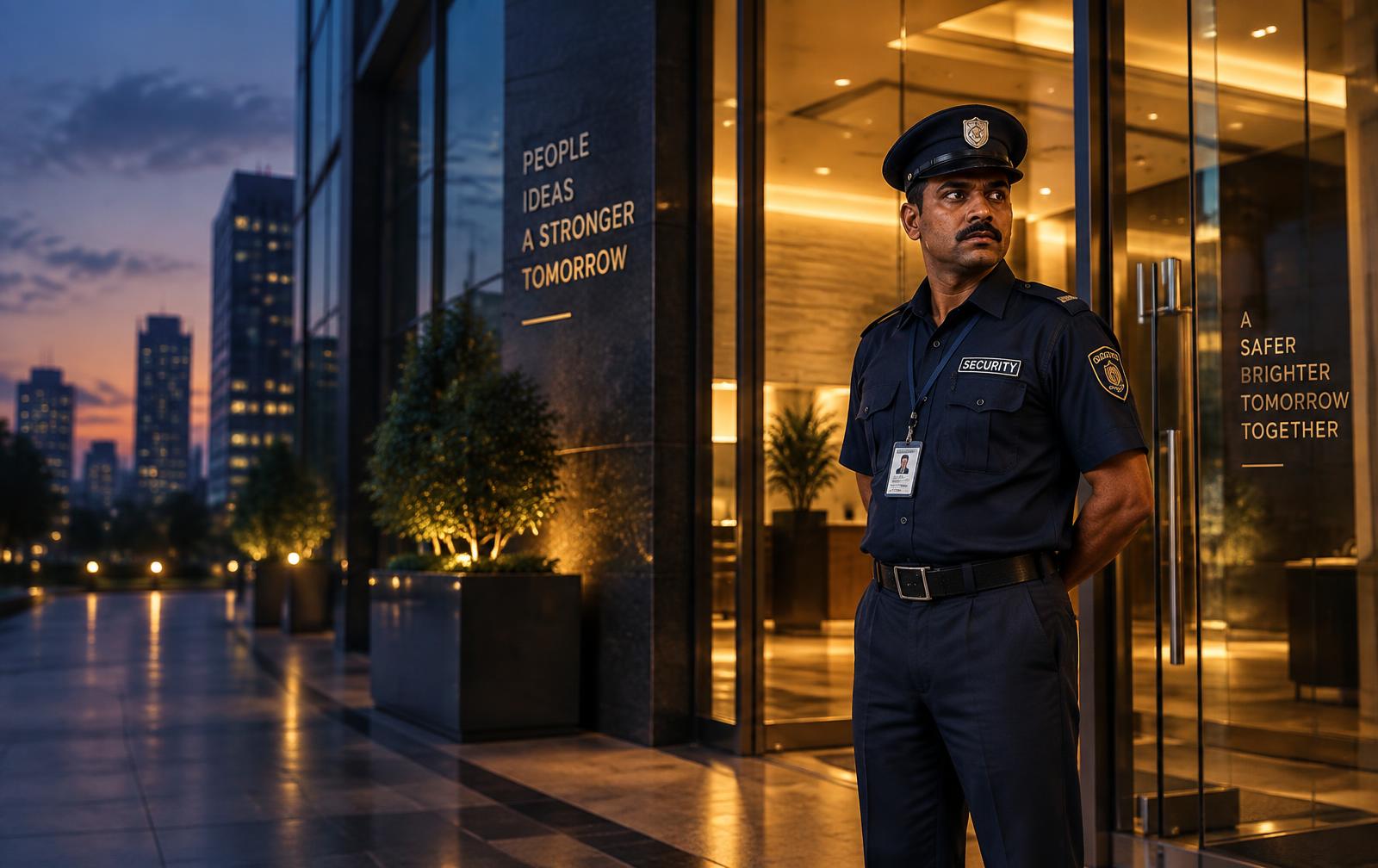 APSSPL uniformed security guard at a corporate entrance